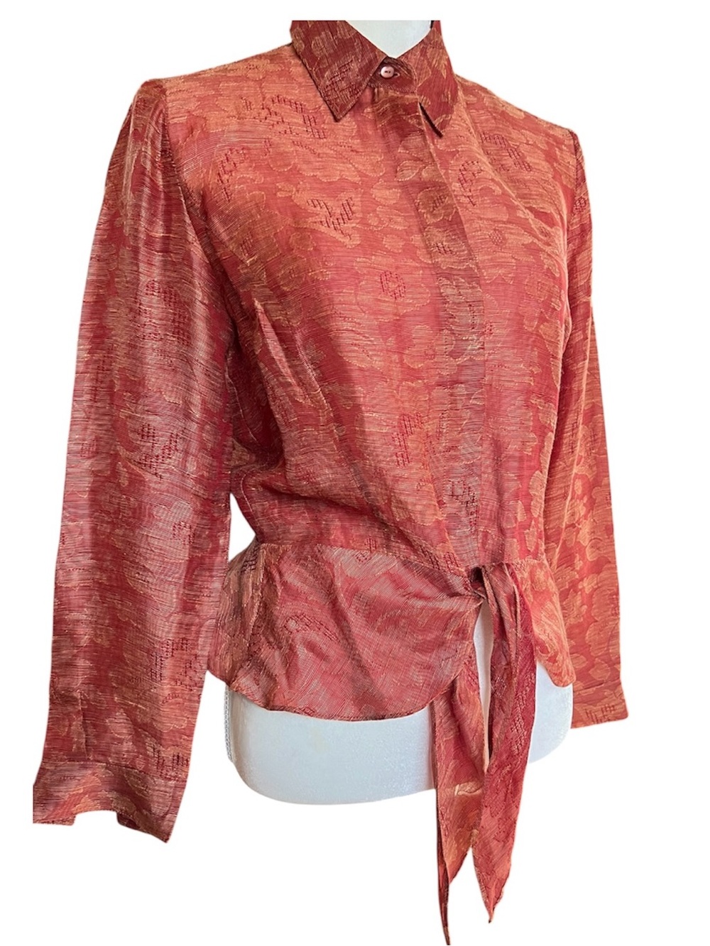 Lafayette 148 Red Silk and Linen Floral Jacquard Tie Front Blouse Size 8 - Picture 4 of 11